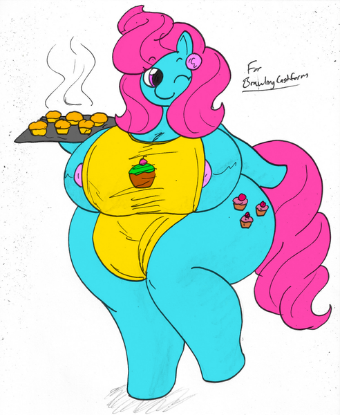 Size: 1049x1280 | Tagged: questionable, artist:wolfespada, banned from derpibooru, color edit, colorist:highrollerhydra-old, deleted from derpibooru, derpibooru import, edit, cup cake, anthro, unguligrade anthro, apron, big breasts, breasts, chubby, clothes, colored, ear piercing, earring, female, food, jewelry, milf, muffin, nipples, nudity, one eye closed, piercing, plump, thick, wink