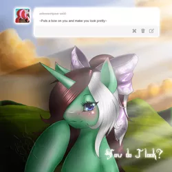 Size: 1500x1500 | Tagged: safe, artist:lilith, banned from derpibooru, deleted from derpibooru, derpibooru import, oc, oc:peppermint pattie, unofficial characters only, pony, unicorn, ask peppermint pattie, bow, female, hair bow, image, jpeg, mare, solo, sunset, tumblr