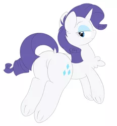 Size: 1789x1930 | Tagged: safe, artist:onlytheponies, banned from derpibooru, deleted from derpibooru, derpibooru import, rarity, butt, chest fluff, dock, featureless crotch, lidded eyes, plot, simple background, solo, white background