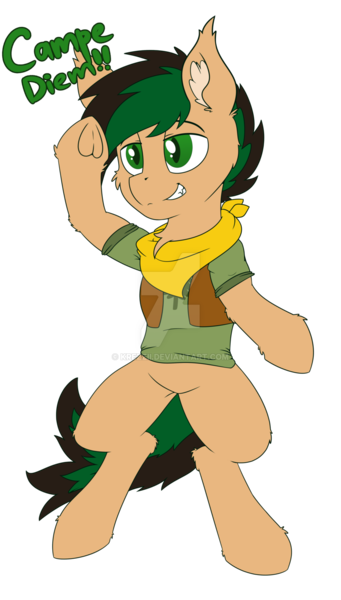 Size: 900x1584 | Tagged: safe, artist:php40, banned from derpibooru, deleted from derpibooru, derpibooru import, oc, oc:melting, unofficial characters only, bat pony, bandana, bat pony oc, bat wings, camp camp, campe diem, clothes, cosplay, costume, david, frog (hoof), handkerchief, neckerchief, salute, simple background, transparent background, underhoof, wings