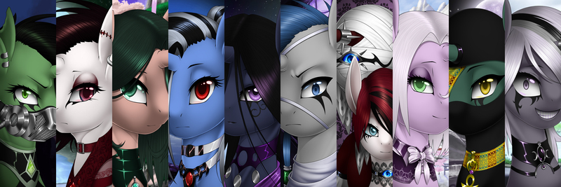 Size: 4500x1500 | Tagged: safe, artist:lilith, banned from derpibooru, deleted from derpibooru, derpibooru import, oc, oc:acheron, oc:ambrosia, oc:ash, oc:cylene, oc:hoarfrost, oc:lullaby, oc:rose, oc:sebek, oc:sinder, oc:siren, oc:wither, unofficial characters only, pegasus, unicorn, ambiguous gender, bandage, choker, collar, eyepatch, female, male, mask, partial heterochromia