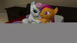 Size: 1366x768 | Tagged: suggestive, artist:legoguy9875, banned from derpibooru, deleted from derpibooru, derpibooru import, scootaloo, sweetie belle, 3d, female, lesbian, scootabelle, shipping