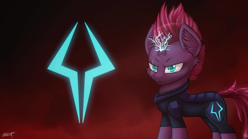 Size: 1024x576 | Tagged: safe, artist:php48, banned from derpibooru, deleted from derpibooru, derpibooru import, tempest shadow, my little pony: the movie, angry, body, ear fluff, eye scar, fog, full body, glowing eyes, lightning, magic, red, scar, shine, smoke, solo, symbol, wallpaper