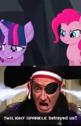 Size: 478x739 | Tagged: safe, artist:mega-poneo, banned from derpibooru, deleted from derpibooru, derpibooru import, edit, edited screencap, screencap, pinkie pie, twilight sparkle, my little pony: the movie, angry, meme, patchy the pirate, sad, spongebob betrayed us, spongebob squarepants, the sponge who could fly