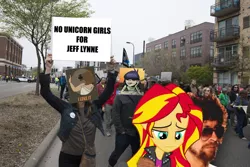 Size: 1024x683 | Tagged: safe, banned from derpibooru, deleted from derpibooru, derpibooru import, edit, sunset shimmer, human, equestria girls, depressed, electric light orchestra, elo, equestria girls in real life, irl, irl human, jeff lynne, parody, photo, protecting, sad, satire, shipping, swag