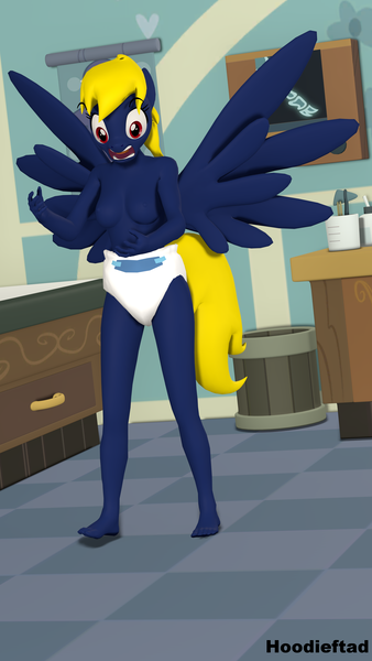 Size: 2160x3840 | Tagged: questionable, alternate version, artist:hoodieftad, banned from derpibooru, deleted from derpibooru, derpibooru import, oc, oc:naveen numbers, unofficial characters only, anthro, plantigrade anthro, 3d, barefoot, breasts, diaper, diaper fetish, feet, female, fetish, image, nipples, nudity, png, screaming, solo, solo female