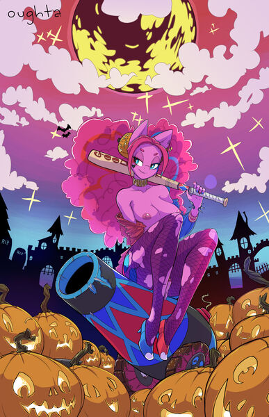 Size: 1280x1987 | Tagged: questionable, artist:oughta, banned from derpibooru, deleted from derpibooru, derpibooru import, pinkie pie, anthro, earth pony, plantigrade anthro, baseball bat, big breasts, breasts, busty pinkie pie, clothes, costume, female, fishnets, halloween, high heels, holiday, image, jack-o-lantern, jpeg, nipples, nudity, open clothes, open jacket, partial nudity, party cannon, pumpkin, ripped stockings, shoes