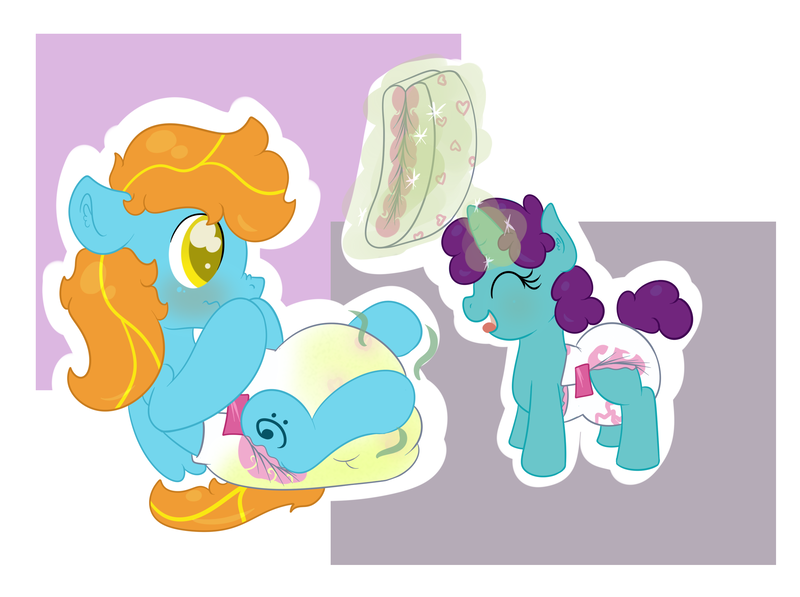 Size: 2371x1770 | Tagged: questionable, artist:vitriolink, banned from derpibooru, deleted from derpibooru, derpibooru import, oc, oc:scherzando, oc:vitriol ink, unofficial characters only, pony, blushing, cute, diaper, diaper change, diaper fetish, female, fetish, filly, foal, levitation, magic, messy diaper, poofy diaper, poop, poopy diaper, stink lines, telekinesis, urine, wet diaper