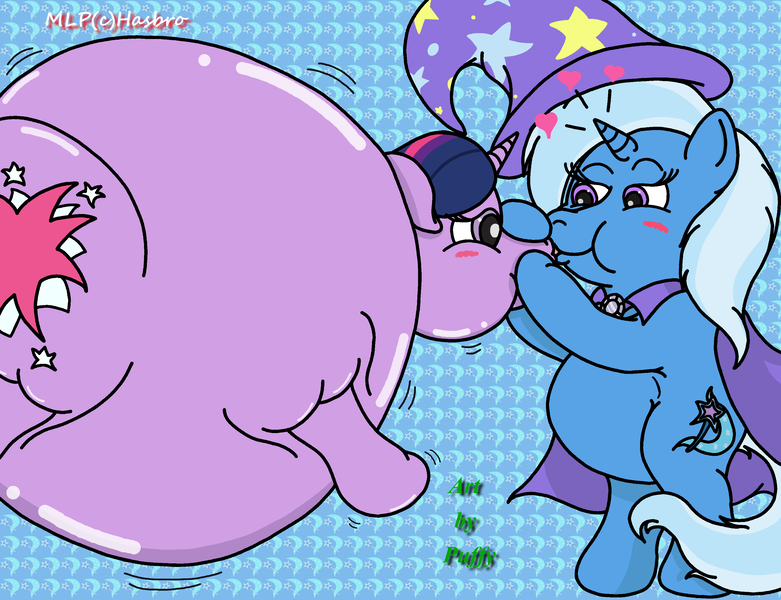 Size: 3286x2523 | Tagged: safe, artist:puffydearlysmith, banned from derpibooru, deleted from derpibooru, derpibooru import, trixie, twilight sparkle, balloon, female, inflation, lesbian, shipping, twixie