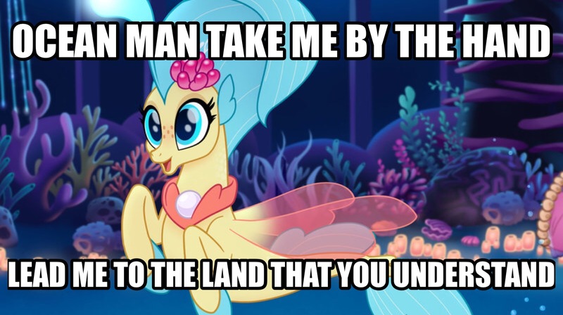 Size: 1494x837 | Tagged: safe, banned from derpibooru, deleted from derpibooru, derpibooru import, princess skystar, my little pony: the movie, caption, image macro, meme, ocean man, song reference, text