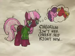 Size: 4032x3024 | Tagged: safe, artist:trini-mite, banned from derpibooru, deleted from derpibooru, derpibooru import, big macintosh, cheerilee, sugar belle, clothes, crying, heartbreak, sad, sweater, thought bubble, traditional art