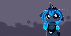 Size: 1280x643 | Tagged: safe, artist:magnaluna, banned from derpibooru, deleted from derpibooru, derpibooru import, princess luna, alicorn, blushing, crown, female, jewelry, luna-darkesthours, mare, open mouth, regalia, simple background, solo