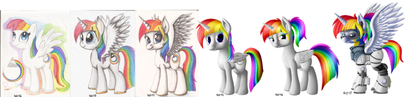 Size: 6000x1421 | Tagged: safe, artist:prismawatercolor, banned from derpibooru, deleted from derpibooru, derpibooru import, oc, oc:prisma watercolor, unofficial characters only, alicorn, pegasus, alicorn oc, armor, colored eyebrows, colored eyelashes, comparison, digital art, draw this again, freckles, horn, multicolored hair, rainbow hair, redraw, traditional art, wings