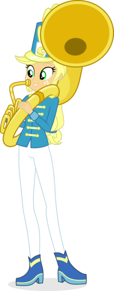 Size: 1024x2606 | Tagged: safe, artist:haleyc4629, artist:punzil504, banned from derpibooru, deleted from derpibooru, derpibooru import, edit, applejack, equestria girls, different hairstyle, different smile, marching band uniform, musical instrument, solo, sousaphone, tuba, tubajack