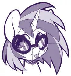 Size: 581x624 | Tagged: safe, artist:ashleynicholsart, banned from derpibooru, deleted from derpibooru, derpibooru import, vinyl scratch, pony, unicorn, :p, blushing, bust, female, glasses, grayscale, mare, monochrome, portrait, silly, simple background, sketch, smiling, solo, tongue out, white background