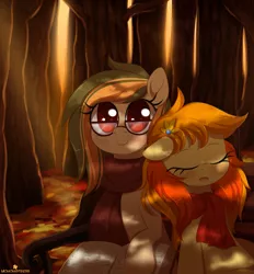 Size: 1527x1646 | Tagged: safe, artist:verawitch, banned from derpibooru, deleted from derpibooru, derpibooru import, oc, oc:fall fable, oc:maple floret, unofficial characters only, pony, autumn, clothes, cute, female, forest, glasses, mare, scarf, sleeping