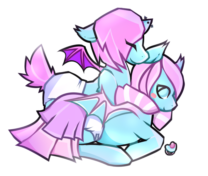 Size: 1484x1256 | Tagged: questionable, artist:kinkysheepy, banned from derpibooru, deleted from derpibooru, derpibooru import, oc, oc:chroma wave, unofficial characters only, bat pony, biting, blushing, brother and sister, clothes, cuddling, cute, diaper, diaper fetish, ear bite, eyes closed, female, fetish, horn, horn piercing, male, pacifier, piercing, siblings, skirt, socks, striped socks