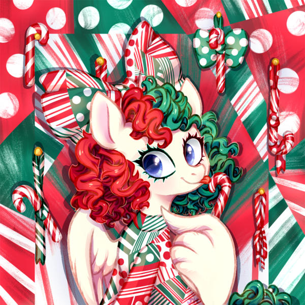 Size: 900x900 | Tagged: safe, artist:jumblehorse, banned from derpibooru, deleted from derpibooru, derpibooru import, songbird serenade, pegasus, pony, my little pony: the movie, alternate hair color, alternate hairstyle, blue eyes, bow, candy, candy cane, christmas, clothes, everyday is christmas, female, food, hair bow, holiday, licking, mare, sia (singer), smiling, solo, tongue out, wing hands, wings