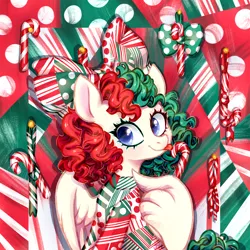 Size: 900x900 | Tagged: safe, artist:jumblehorse, banned from derpibooru, deleted from derpibooru, derpibooru import, songbird serenade, pegasus, pony, my little pony: the movie, alternate hair color, alternate hairstyle, blue eyes, bow, candy, candy cane, christmas, clothes, everyday is christmas, female, food, hair bow, holiday, licking, mare, sia (singer), smiling, solo, tongue out, wing hands, wings