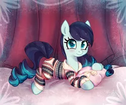 Size: 990x825 | Tagged: safe, artist:jumblehorse, banned from derpibooru, deleted from derpibooru, derpibooru import, coloratura, earth pony, pony, bed, clothes, cute, female, looking at you, mare, onesie, pajamas, pillow, prone, rarabetes, smiling, solo