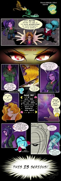 Size: 900x2660 | Tagged: safe, artist:jenndylyon, banned from derpibooru, deleted from derpibooru, derpibooru import, adagio dazzle, aria blaze, sonata dusk, siren, equestria girls, rainbow rocks, clothes, comic, dazzling