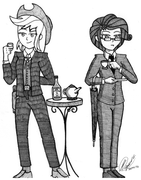 Size: 3126x3984 | Tagged: safe, artist:atisuto17, banned from derpibooru, deleted from derpibooru, derpibooru import, applejack, rarity, equestria girls, alcohol, alternate hairstyle, crossover, cup, female, food, glasses, grayscale, kingsman: the golden circle, kingsman: the secret service, monochrome, statesman, tea, teacup, traditional art, umbrella, whiskey