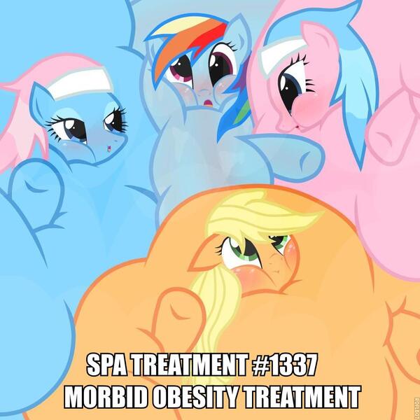 Size: 960x960 | Tagged: safe, artist:pyruvate, banned from derpibooru, deleted from derpibooru, derpibooru import, edit, aloe, applejack, lotus blossom, rainbow dash, caption, fat, image macro, inflation, lordryu fat edit, morbidly obese, obese, text