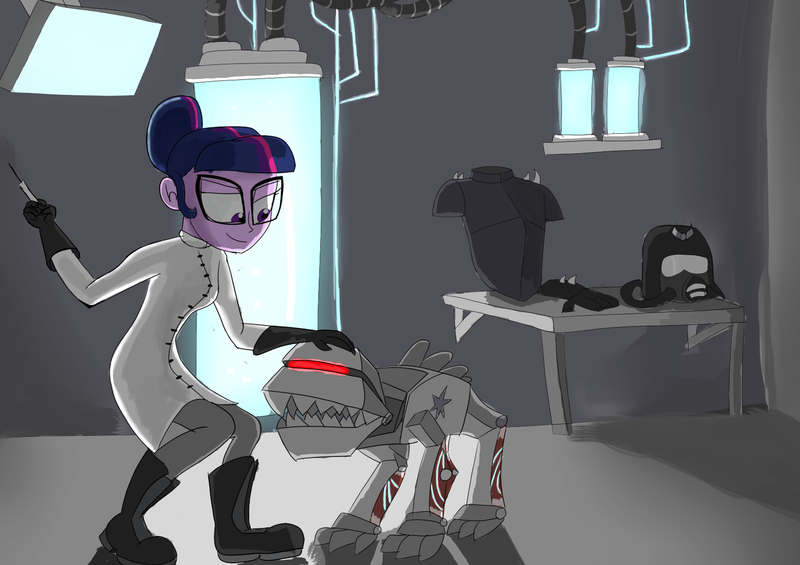 Size: 1700x1200 | Tagged: safe, artist:flight-of-the-moon, banned from derpibooru, deleted from derpibooru, derpibooru import, sci-twi, twilight sparkle, robot, equestria girls, clothes, commission, equestrian city, female, glasses, mad scientist, robot dog, solo