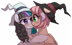 Size: 1178x736 | Tagged: safe, artist:verawitch, banned from derpibooru, deleted from derpibooru, derpibooru import, oc, oc:seafoam, oc:sweet skies, unofficial characters only, pegasus, pony, blushing, cute, female, gift art, hat, lesbian, looking at each other, mare, oc x oc, shipping, simple background, smiling, white background, witch hat