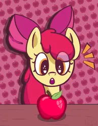 Size: 1400x1800 | Tagged: safe, artist:afterrain, banned from derpibooru, deleted from derpibooru, derpibooru import, apple bloom, pony, adorabloom, apple, apple bloom's bow, bow, bust, cute, female, filly, food, hair bow, heart eyes, looking at something, open mouth, red hair, solo, starry eyes, table, wingding eyes