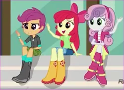 Size: 825x598 | Tagged: safe, banned from derpibooru, deleted from derpibooru, derpibooru import, screencap, apple bloom, scootaloo, sweetie belle, equestria girls, friendship games, canterlot high, cutie mark crusaders