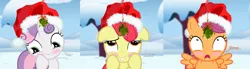 Size: 2954x812 | Tagged: safe, artist:shutterflyeqd, banned from derpibooru, deleted from derpibooru, derpibooru import, edit, part of a set, apple bloom, scootaloo, sweetie belle, adorabloom, blushing, christmas, cute, cutealoo, cutie mark crusaders, diasweetes, giggling, hat, holiday, holly, holly mistaken for mistletoe, mistleholly, mistletoe, santa hat, snow, solo, spread wings, squee, varying degrees of want, wide eyes, wingboner, wings