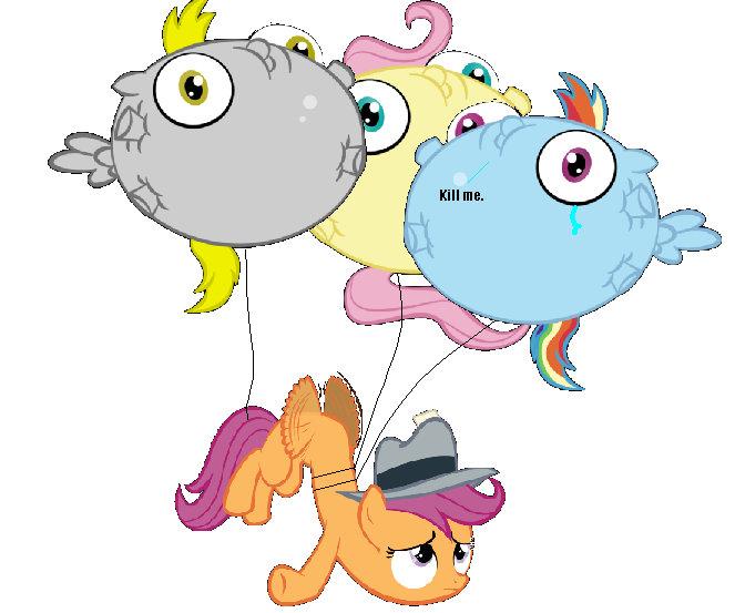Size: 663x553 | Tagged: safe, banned from derpibooru, deleted from derpibooru, derpibooru import, derpy hooves, fluttershy, rainbow dash, scootaloo, balloonie pony, original species, balloon, flying, inflation, scootaloo can't fly