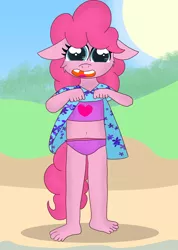 Size: 2110x2964 | Tagged: safe, artist:skyflys, banned from derpibooru, deleted from derpibooru, derpibooru import, pinkie pie, anthro, barefoot, clothes, cute, feet, female, filly pinkie pie, image, png, shirt, shirt lift, swimsuit, younger