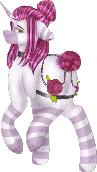 Size: 1077x1903 | Tagged: safe, artist:popcornhorns, banned from derpibooru, deleted from derpibooru, derpibooru import, oc, oc:rose gold, unofficial characters only, pony, unicorn, butt, chains, clothes, female, flower, garter, mare, plot, rose, simple background, socks, solo, striped socks, transparent background