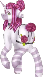 Size: 1077x1903 | Tagged: safe, artist:popcornhorns, banned from derpibooru, deleted from derpibooru, derpibooru import, oc, oc:rose gold, unofficial characters only, pony, unicorn, butt, chains, clothes, female, flower, garter, mare, plot, rose, simple background, socks, solo, striped socks, transparent background