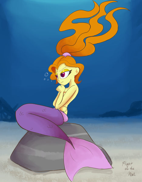 Size: 2432x3120 | Tagged: safe, artist:flight-of-the-moon, banned from derpibooru, deleted from derpibooru, derpibooru import, adagio dazzle, mermaid, equestria girls, annoyed, bubble, clothes, covering, female, implied nudity, looking away, ocean, partial nudity, rock, solo, topless, underwater