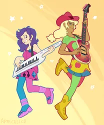 Size: 1024x1230 | Tagged: safe, artist:feellikeaplat, banned from derpibooru, deleted from derpibooru, derpibooru import, applejack, rarity, human, guitar, humanized, musical instrument