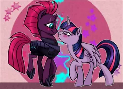 Size: 1314x953 | Tagged: safe, alternate version, artist:nadairead, banned from derpibooru, deleted from derpibooru, derpibooru import, tempest shadow, twilight sparkle, my little pony: the movie, blushing, female, lesbian, shipping, tempestlight