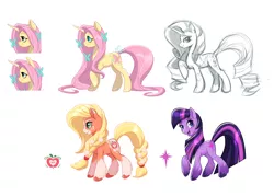 Size: 6300x4500 | Tagged: artist needed, safe, banned from derpibooru, deleted from derpibooru, derpibooru import, screencap, applejack, fluttershy, rarity, twilight sparkle, earth pony, pony, unicorn, leak, spoiler:g5, concept art, female, g5, happy, raised hoof, smiling