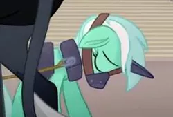 Size: 265x180 | Tagged: safe, banned from derpibooru, deleted from derpibooru, derpibooru import, screencap, lyra heartstrings, my little pony: the movie, bondage, bound together, collar, gag, harness, horn, horn cap, linked collars, magic suppression, muzzle, muzzle gag, sad, slave, slavery, storm guard, tack, yoke