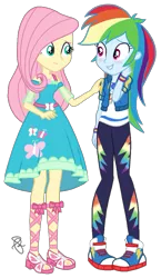 Size: 1190x2048 | Tagged: safe, artist:ilaria122, banned from derpibooru, deleted from derpibooru, derpibooru import, edit, edited screencap, screencap, fluttershy, rainbow dash, equestria girls, equestria girls series, clothes, duo, female, flutterdash, geode of super speed, lesbian, magical geodes, not a vector, sandals, shipping, simple background, transparent background