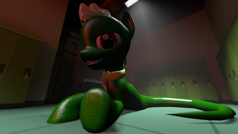 Size: 2500x1406 | Tagged: safe, artist:ari ardwolf, banned from derpibooru, deleted from derpibooru, derpibooru import, oc, unofficial characters only, lamia, original species, snake, snake pony, 3d, canterlot high, collar, green, hungry, locker room, lockers, looking at camera, looking at you, male, source filmmaker, stallion