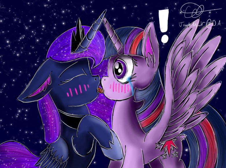 Size: 780x580 | Tagged: suggestive, artist:jackmuir, banned from derpibooru, deleted from derpibooru, derpibooru import, princess luna, twilight sparkle, twilight sparkle (alicorn), alicorn, pony, blushing, blushing profusely, crying, female, kissing, lesbian, making out, shipping, sloppy kissing, surprised, twiluna