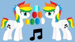 Size: 1024x580 | Tagged: safe, artist:xoradoodles, banned from derpibooru, deleted from derpibooru, derpibooru import, oc, oc:rainbow streak, unofficial characters only, pegasus, pony, cutie mark background, female, mare, multicolored hair, music notes, rainbow hair, reference sheet, solo