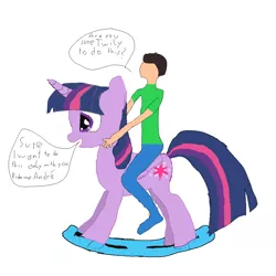 Size: 1000x1000 | Tagged: safe, artist:twilightrider, banned from derpibooru, deleted from derpibooru, derpibooru import, twilight sparkle, twilight sparkle (alicorn), oc, oc:andré, alicorn, human, pony, bondage, canon x oc, clothes, crossover, crossover shipping, cutie mark, dialogue, digital art, female, fun, human male, humans riding ponies, jeans, love, male, mare, pants, play, quality, riding, rocking horse, rocking horse bondage, romantic, shipping, simple background, story included, straight, true love