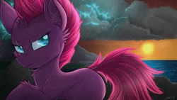 Size: 3840x2160 | Tagged: safe, artist:php48, banned from derpibooru, deleted from derpibooru, derpibooru import, tempest shadow, pony, unicorn, my little pony: the movie, broken horn, eye scar, horn, lightning, mountain, ocean, rain, rock, scar, shine, solo, storm, sun, sunset, wallpaper