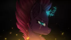 Size: 3840x2160 | Tagged: safe, artist:php48, banned from derpibooru, deleted from derpibooru, derpibooru import, tempest shadow, pony, unicorn, my little pony: the movie, broken horn, bust, chest fluff, dark, dark background, ear fluff, embers, eye scar, fire, glow, glowing eyes, horn, magic, profile, scar, shine, solo, sparking horn, wallpaper