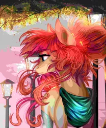 Size: 6992x8409 | Tagged: safe, artist:petrinox, banned from derpibooru, deleted from derpibooru, derpibooru import, edit, oc, unofficial characters only, earth pony, pony, absurd resolution, bandana, clothes, colored pupils, female, lamppost, looking away, low quality, mare, needs more jpeg, solo, windswept mane