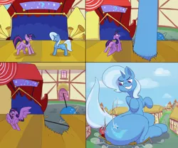 Size: 1200x1000 | Tagged: suggestive, artist:jigglyjuggle, banned from derpibooru, deleted from derpibooru, derpibooru import, trixie, twilight sparkle, alicorn, butt, butt crush, comic, female, giantess, growth, macro, mega trixie, plot, size difference, the great and powerful ass, twilight sparkle (alicorn)